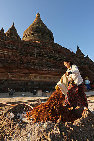 Bagan Mingalar Zedi girl pouring recycled crushed brick for temple restoration